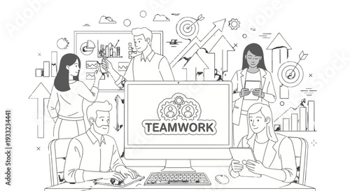 Teamwork and collaboration among diverse professionals in a modern office setting.