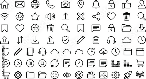 Minimal dark UI line icon set for web interface navigation symbols modern outline vector illustration collection seamless scalable editable design