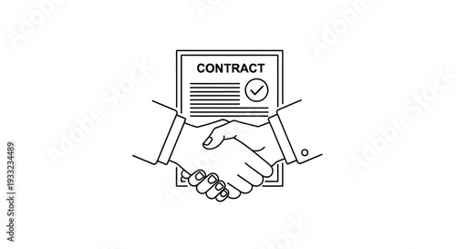 Simple black and white illustration of a handshake and contract.