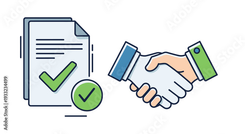 Handshake agreement with a signed document and approval stamp.