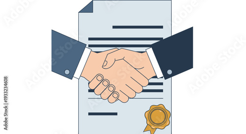 Handshake emerging from a document with a gold seal.