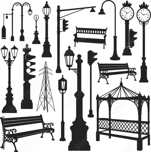 Vintage street furniture collection, benches, lamp posts, traffic lights, decorative clocks, urban design elements, vector illustration, cityscape accessories, signage, silhouette