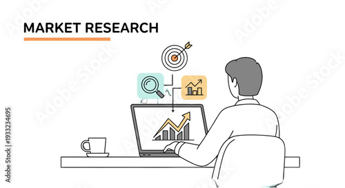 Man conducting market research on laptop with graphs and icons.