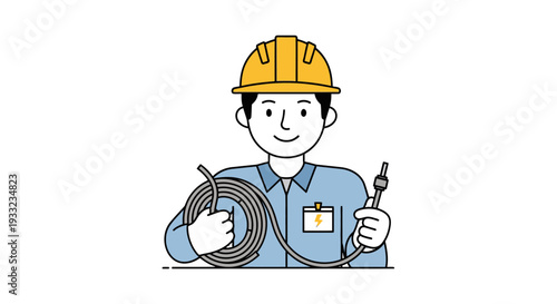 Cartoon electrician holding cable and wire stripper.