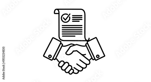 Handshake agreement with contract and approval symbol.
