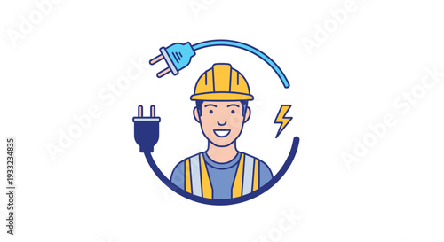 Electrician at work with plug and cable in circular frame.