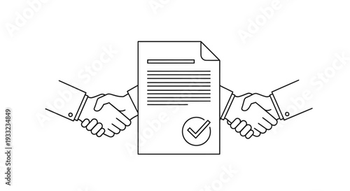 Simple line illustration of a handshake and a signed document.
