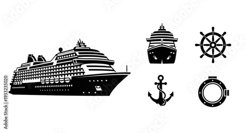 Black and white illustration of cruise ship and nautical symbols.