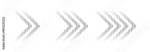 Halftone arrows, graphic pointers set, dynamic symbols with speed effect. Three right pointing chevron arrows composed of halftone dots, increasing in size from left to right