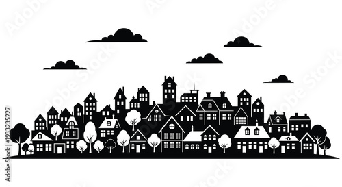 A striking black cityscape against a white background featuring detailed buildings and fluffy clouds silhouette high quality professional