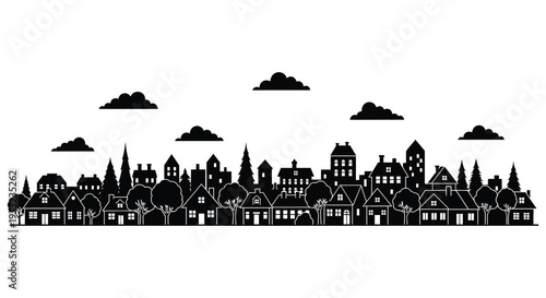 A striking black cityscape with fluffy clouds above presented in a bold silhouette high quality professional detailed modern