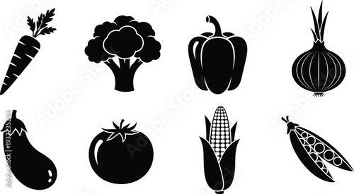 Black Vegetable Silhouette Icons Set with Carrot, Broccoli, Pepper, Onion, Eggplant, Tomato, Corn and Peas