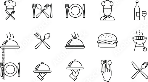 Restaurant food service line icon set featuring chef utensils meals drinks catering dining symbols vector illustration modern minimal outline collection