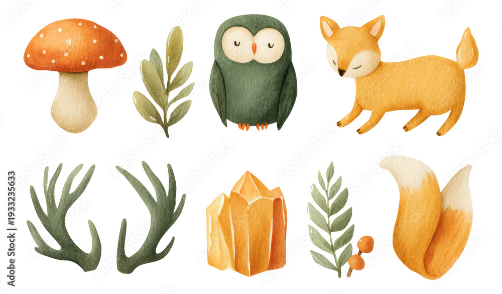 Fototapeta premium Whimsical Forest Creatures and Elements in Watercolor with Transparent Background