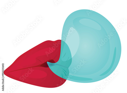 Red lips blow gum balloon. vector