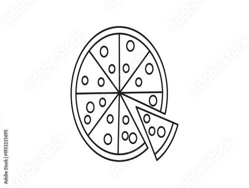 A simple line drawing of a pepperoni pizza cut into eight slices