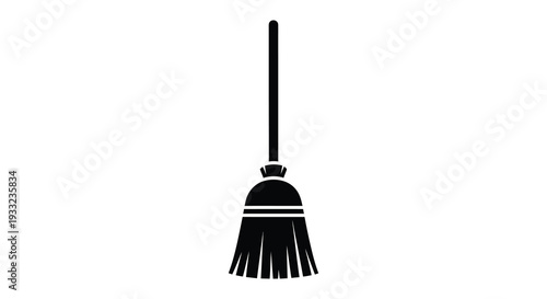 A simple black silhouette depicts a traditional household broom standing upright on a white background silhouette high quality
