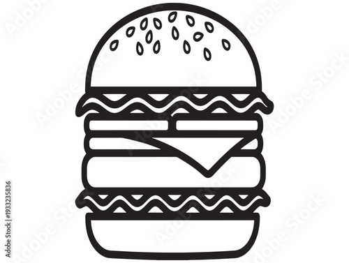 A simple line drawing of a hamburger with sesame seed bun and folded cheese