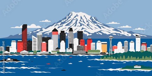 USA, US, U.S, United States - Seattle skyline aerial view with Mount Rainier, ultra-wide flat vector