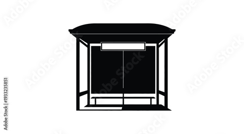 Bus stop silhouette illustration, simple black and white design featuring shelter and benches, city transit and commuter waiting area, high quality vector artwork isolated.