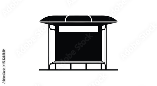 Minimalist black and white illustration of a bus stop with shelter and seating, urban transportation and public transit concept, clean professional vector design.