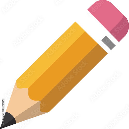 A close-up of a yellow pencil with a pink eraser on a white background, viewed from directly above