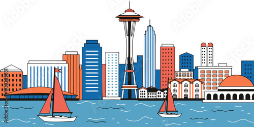 USA, US, U.S, United States - Seattle skyline with sailboats on water, minimalist ultra-wide vector