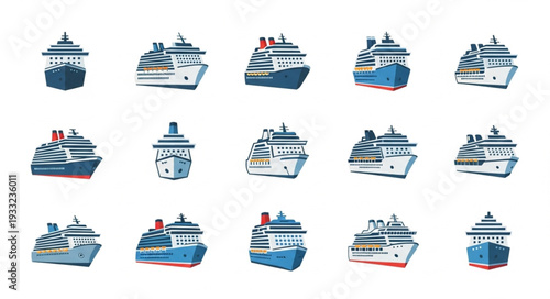Collection of various cruise ships in different designs and styles for travel.
