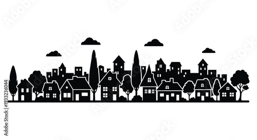 A striking black cityscape featuring houses trees and clouds rendered as a dramatic silhouette high quality professional detailed