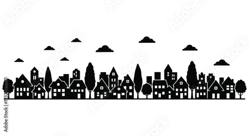 A striking black cityscape featuring buildings trees and clouds depicted in a bold silhouette high quality professional detailed