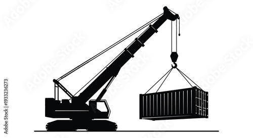 A stark black silhouette depicts a large crane lifting a shipping container illustrating industrial power silhouette high quality
