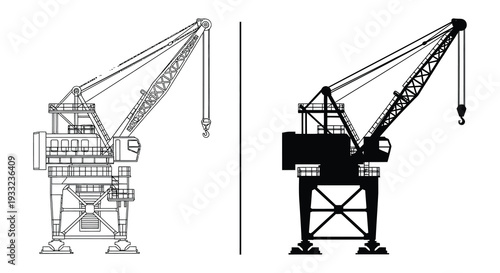 Technical drawing of two industrial cranes one outlined and one in solid black silhouette high quality professional detailed