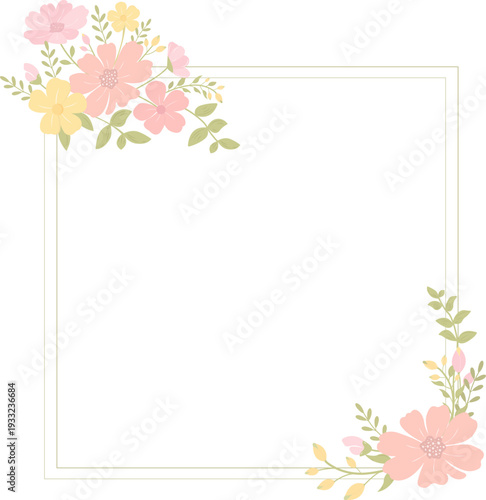 Vector floral frame with pastel pink and yellow cosmos flowers arranged in opposite corners. Minimal decorative border on light background with clean copy space in the center.