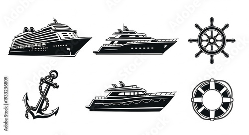 Collection of nautical illustrations featuring ships, steering wheel, anchor, and life preserver.
