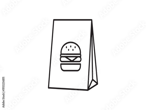 A simple line drawing of a paper bag with a hamburger on it