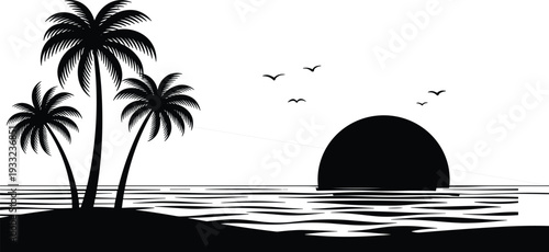 Tropical island sunset view, palm trees silhouette, sea waves, birds flying, summer beach landscape, serene ocean scenery, peaceful nature, travel background, exotic paradise illustration