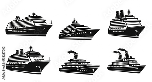 Cruise ships in black and white, various angles and designs, maritime transport.