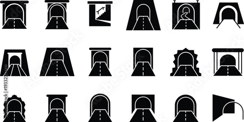 Tunnel icon collection, black and white vector design, infrastructure illustration set, road and railway entries, underground passageway symbols pack.