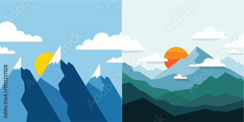 Minimalist mountain scenery featuring sun and clouds, flat design vector, clean white backdrop, bold solid colors, and simplified forms