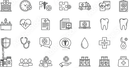 Medical healthcare line icon set showing hospital emergency medicine diagnosis treatment insurance pharmacy symbols vector illustration collection