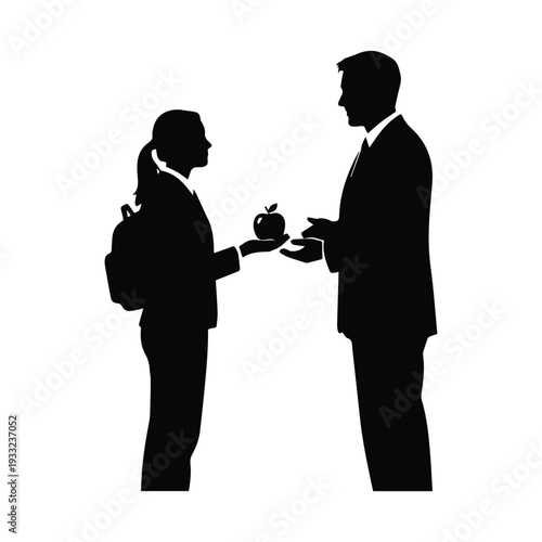 Business professionals exchanging an apple in a professional setting