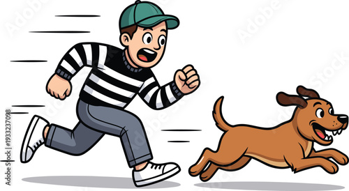 Cartoon thief chasing dog illustration, funny robbery escape scene with running man and pet character
