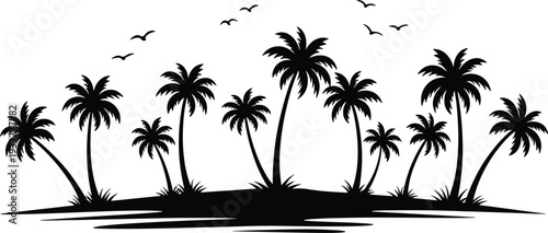 Tropical island silhouette with palm trees, ocean shore view, exotic landscape, birds flying, nature scene, summer beach paradise, black and white illustration, vacation vibe
