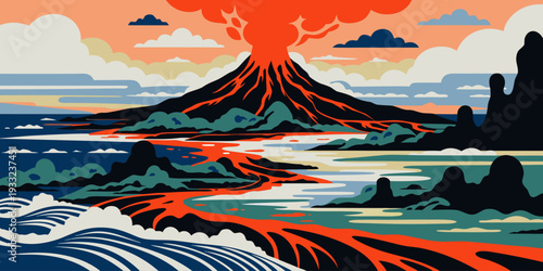 USA, US, U.S, United States - Explosive Volcano Illustration – Dynamic Lava Eruption Artwork with Bold Coastal Landscape
