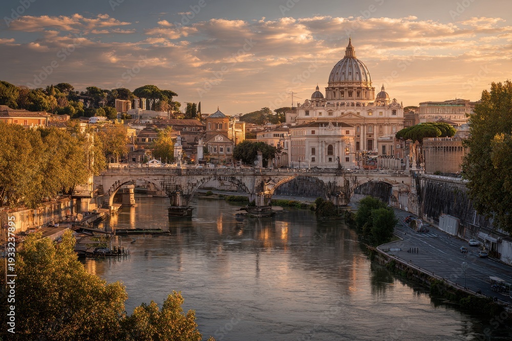 Fototapeta premium St. Peters Basilica and Ponte SantAngelo at Sunset, Rome, Italy.