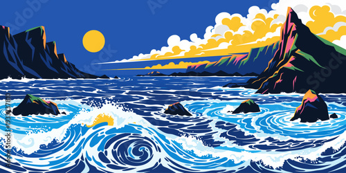 USA, US, U.S, United States - Volcanic cliffs and waves, Hawaii panoramic vector, ultra-wide banner