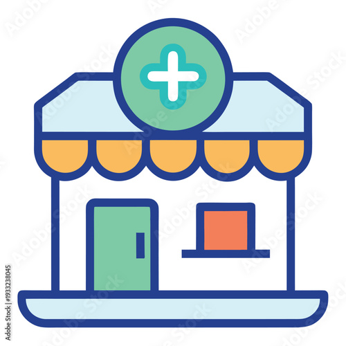 Local Pharmacy Storefront with Medical Cross Icon