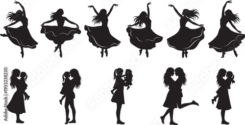 Black silhouette set of dancing women in flowing dresses and mothers holding their children, cad drawing flat vector illustration, isolated.