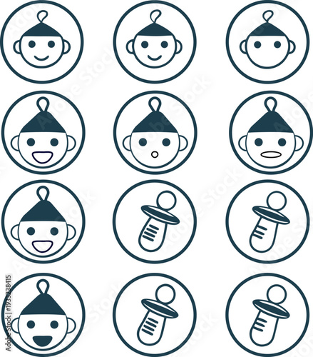 Collection of playful baby icons with pacifiers and pacifier accessories