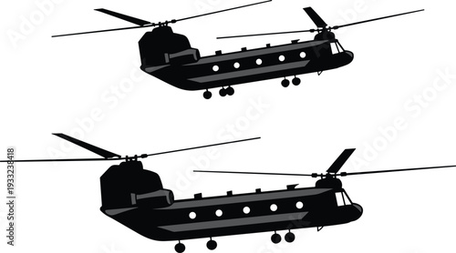 Two military helicopters flying in formation, transport aircraft silhouette, rotor blades spinning, aviation technology, airborne vehicles, defense, air force, tactical flight.